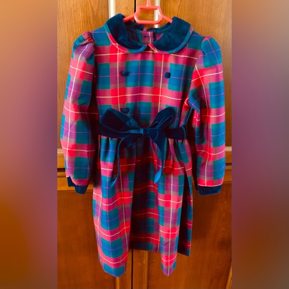 Red & navy blue Plaid long dress girls age 3-4 long sleeves Peter Pan collar - Picture 2 of 6